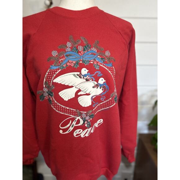 Vintage 90s Streetwear Womens Large Peace Doves Christmas Crewneck Sweatshirt - Picture 3 of 10